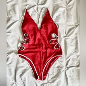 Aerie Red Retro Cut-out One Piece swim. Size Large. Cross back